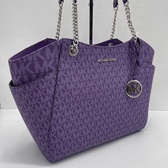 Michael Kors Handbags - MICHAEL KORS 
Jet Set Travel Large Signature Chain Shoulder Tote Bag
Dark Purple